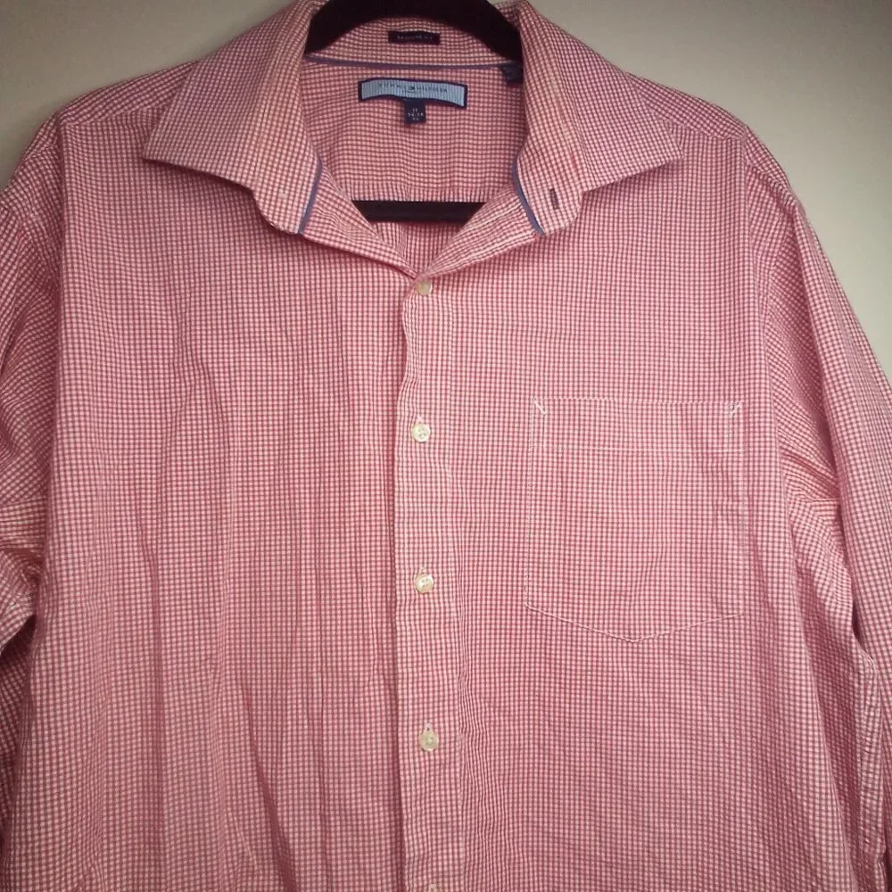 Tommy Hilfiger Button Up Shirt 17 34-35 XL Long Sleeve Gingham Plaid Red White